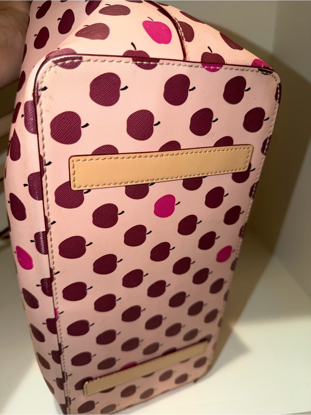 kate spade Pink Apple Print Tote with Tan Handles - Picture 3 of 9